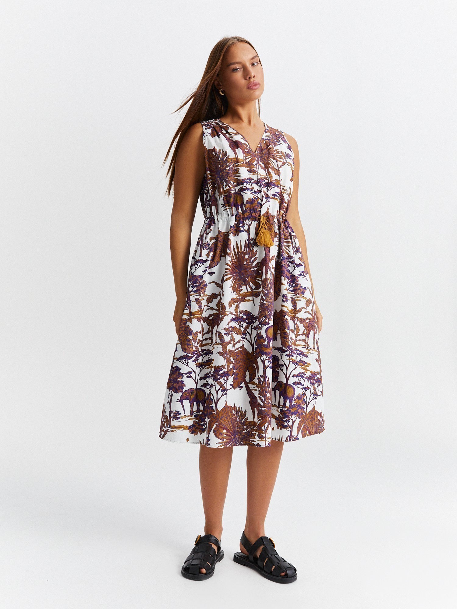 Платье-миди с тропическим принтом LALIS DR0730, цвет бело-коричнево-синий, размер 48 - фото 3
