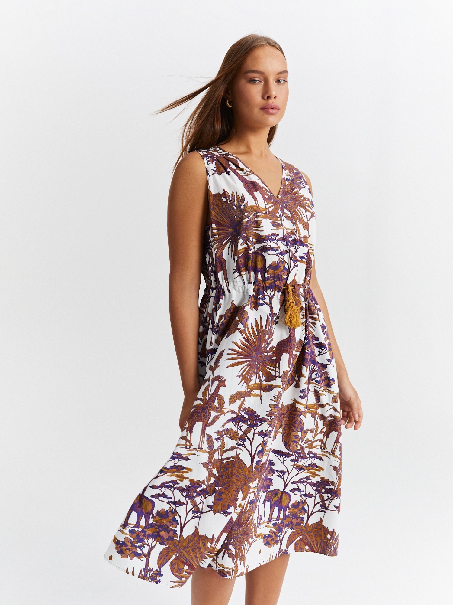 Платье-миди с тропическим принтом LALIS DR0730, цвет бело-коричнево-синий, размер 56 - фото 1